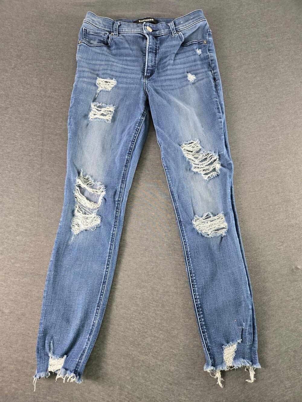 Express Jeans Womens 8 Blue Mid Rise Distressed Ankle Skinny Raw Hem Denim Pants